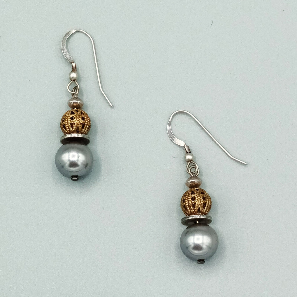 Pierced Earrings Silver tone Faux Silver Pearl Gold tone Filigree Bead Dangle 1"