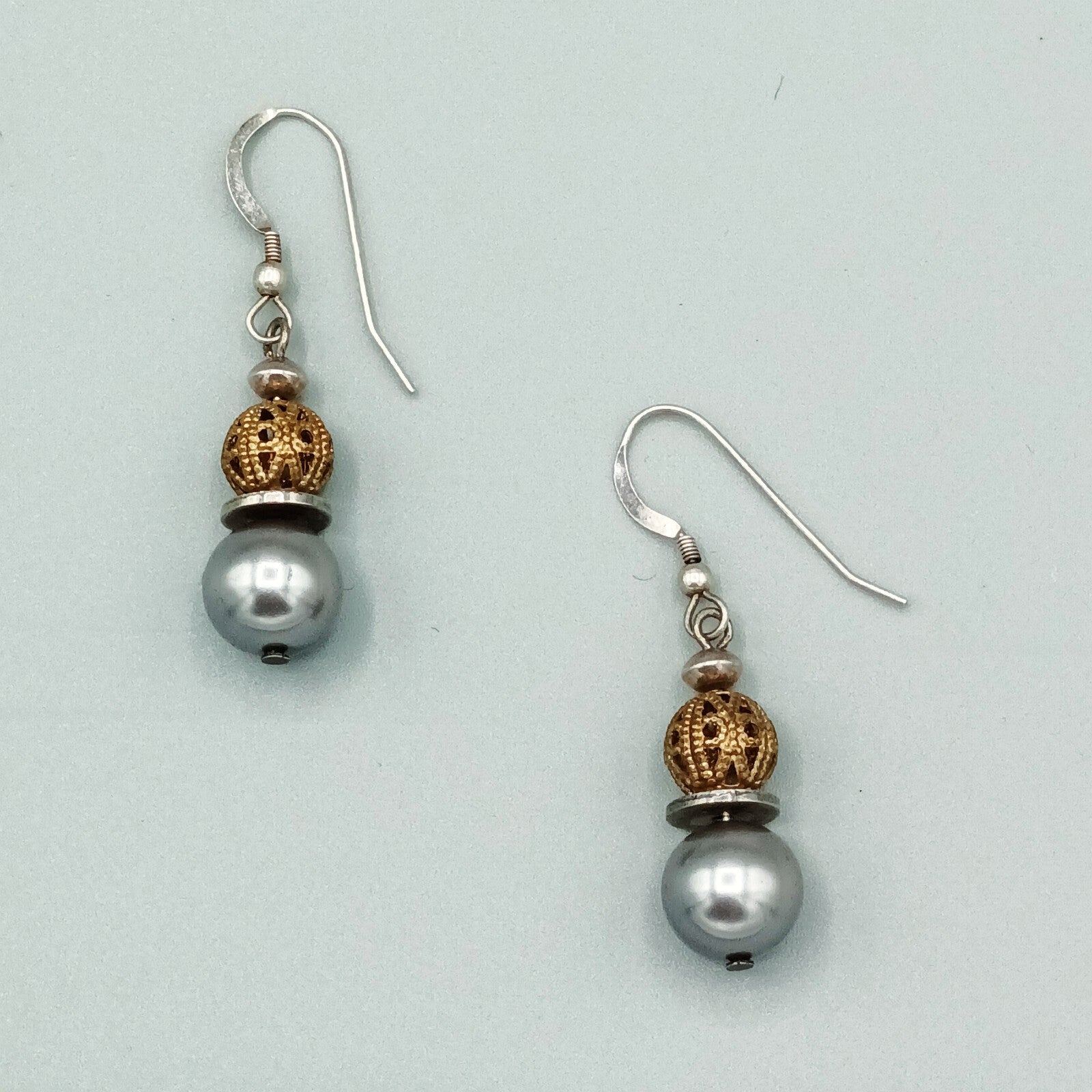 Pierced Earrings Silver tone Faux Silver Pearl Gold tone Filigree Bead Dangle 1"