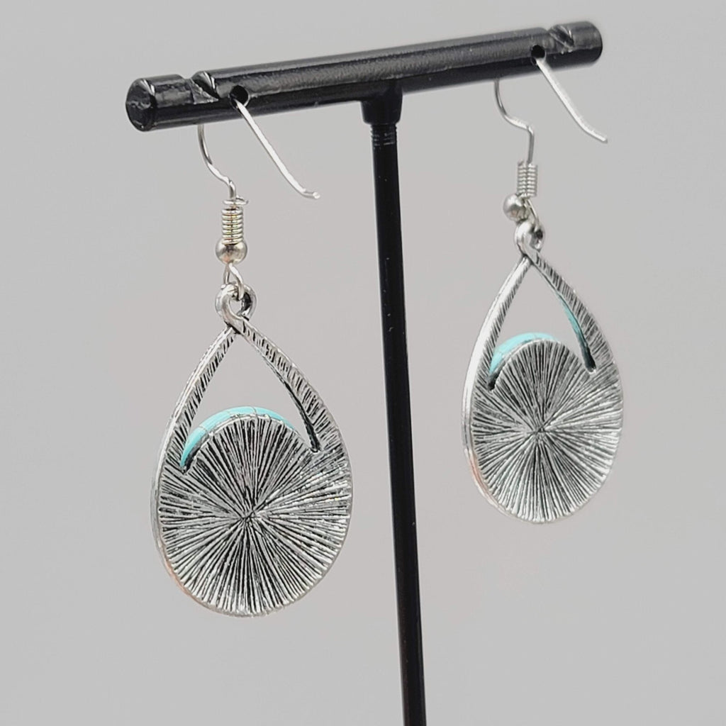 Teardrop Dangle Pierced Earrings Silver tone Marcasite Blue Howlite 1.25"