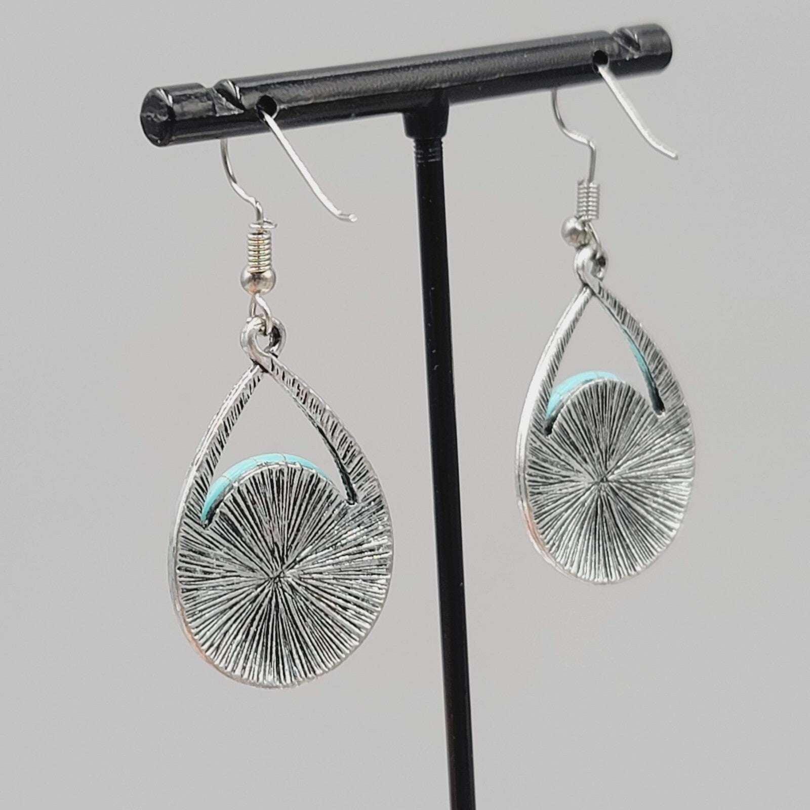 Teardrop Dangle Pierced Earrings Silver tone Marcasite Blue Howlite 1.25"