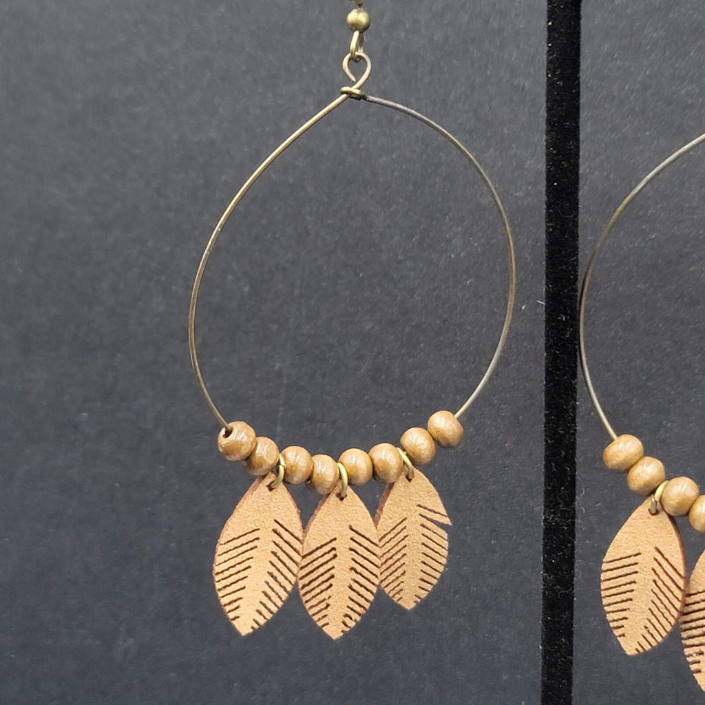 New Boho Pierced Earrings Bronze tone Faux Leather Leaves Wood Bead Hoops 3.25"