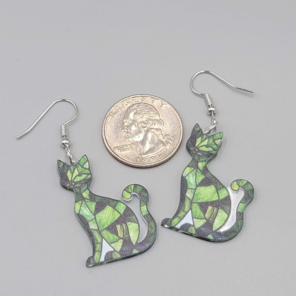 Green Kitty Cat Pierced Earrings Acrylic Mosaic Pattern Dangle 1.5"