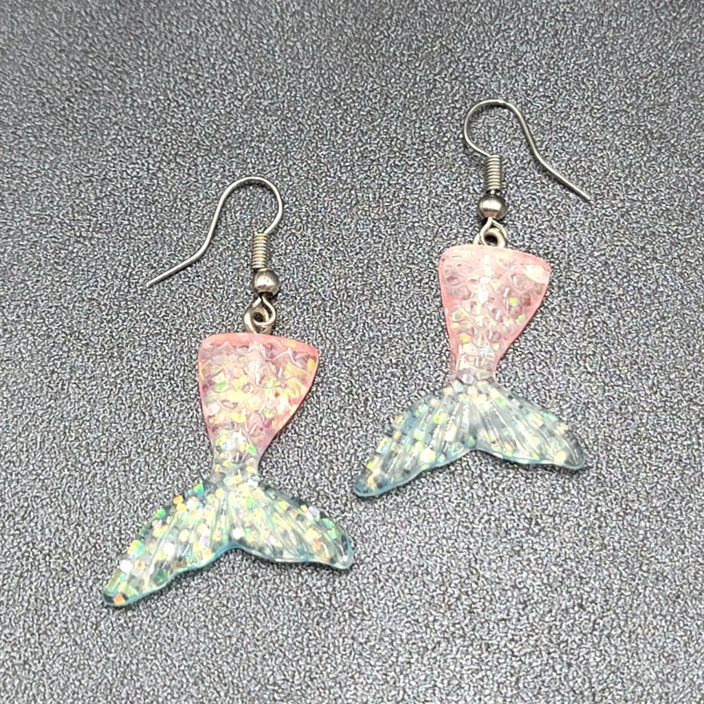 Mermaid Tail Pierced Earrings Pink Blue Glitter Resin Dangle 1.25"