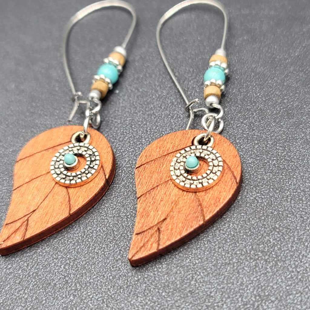 New Boho Pierced Earrings Long Hook Wood Leaf Beaded Dangle 2.75"