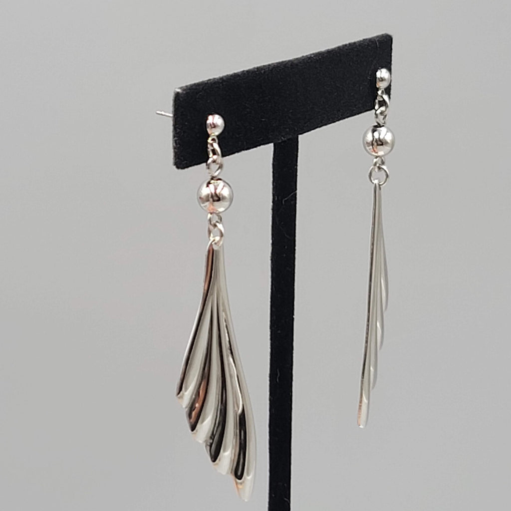 Vintage Pierced Earrings Silver tone Fan Design Dangle 2.75"