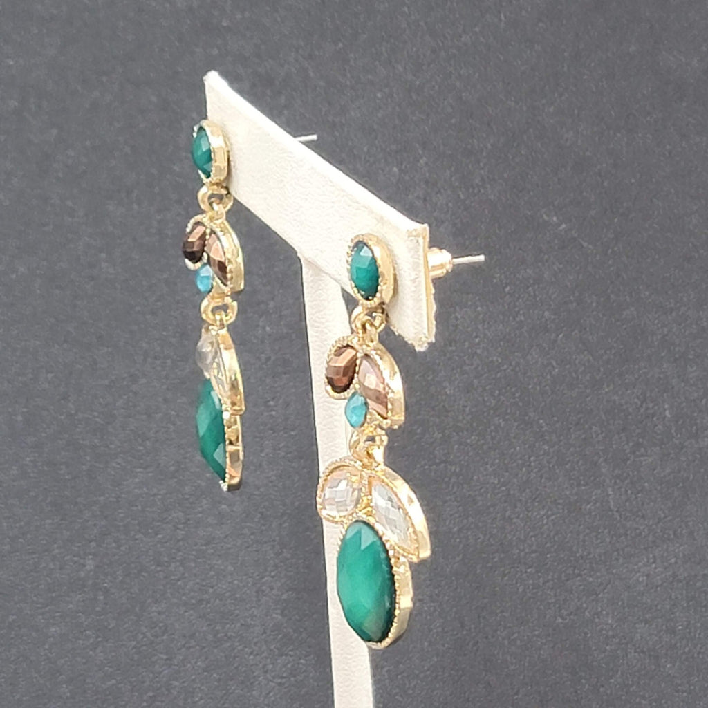Pierced Earrings Gold tone Teal Green Faceted Acrylic Statement Drop 1 7/8"