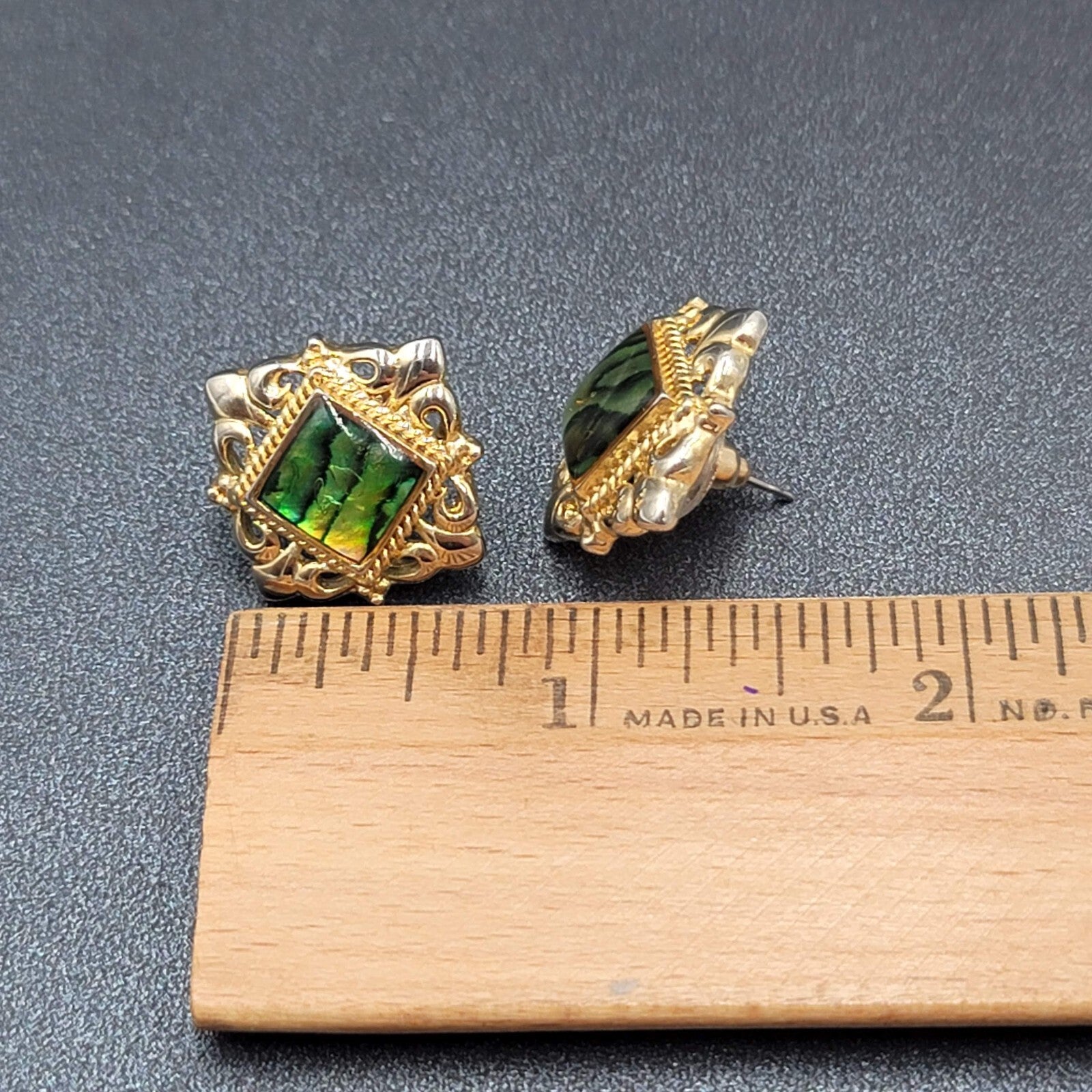 Vintage Pierced Earrings Gold tone Ornate Square Faux Abalone Stud 7/8"