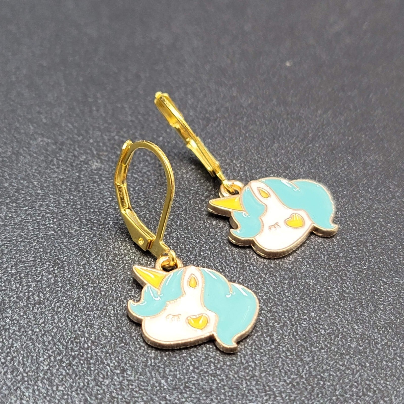 New Unicorn Pierced Earrings Blue Enamel Dangle Gold tone 5/8"