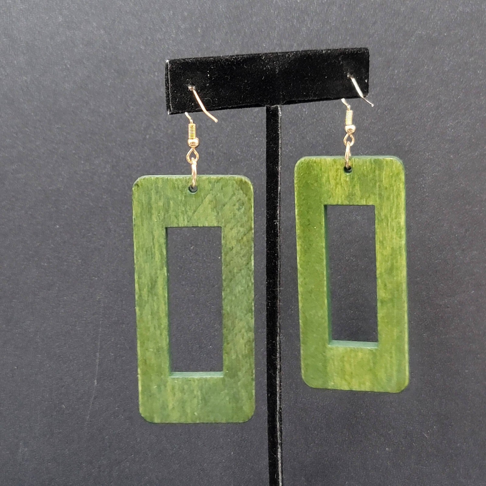 Pierced Earrings Large Green Wood Rectangle Statement Dangle 2.75"