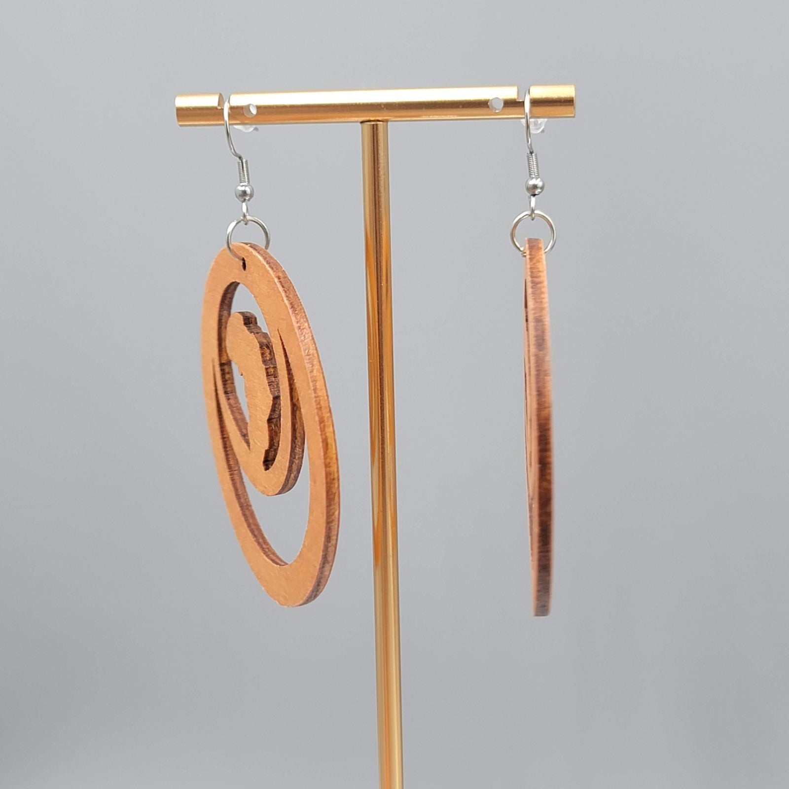 Wood Cut Large Boho Pierced Earrings Silver tone Dangle 2.5 in