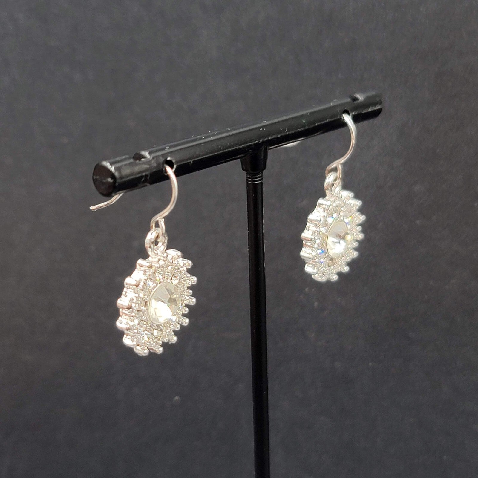 Pierced Earrings Silver Plated Crystal Rhinestone Dangle 3/4"