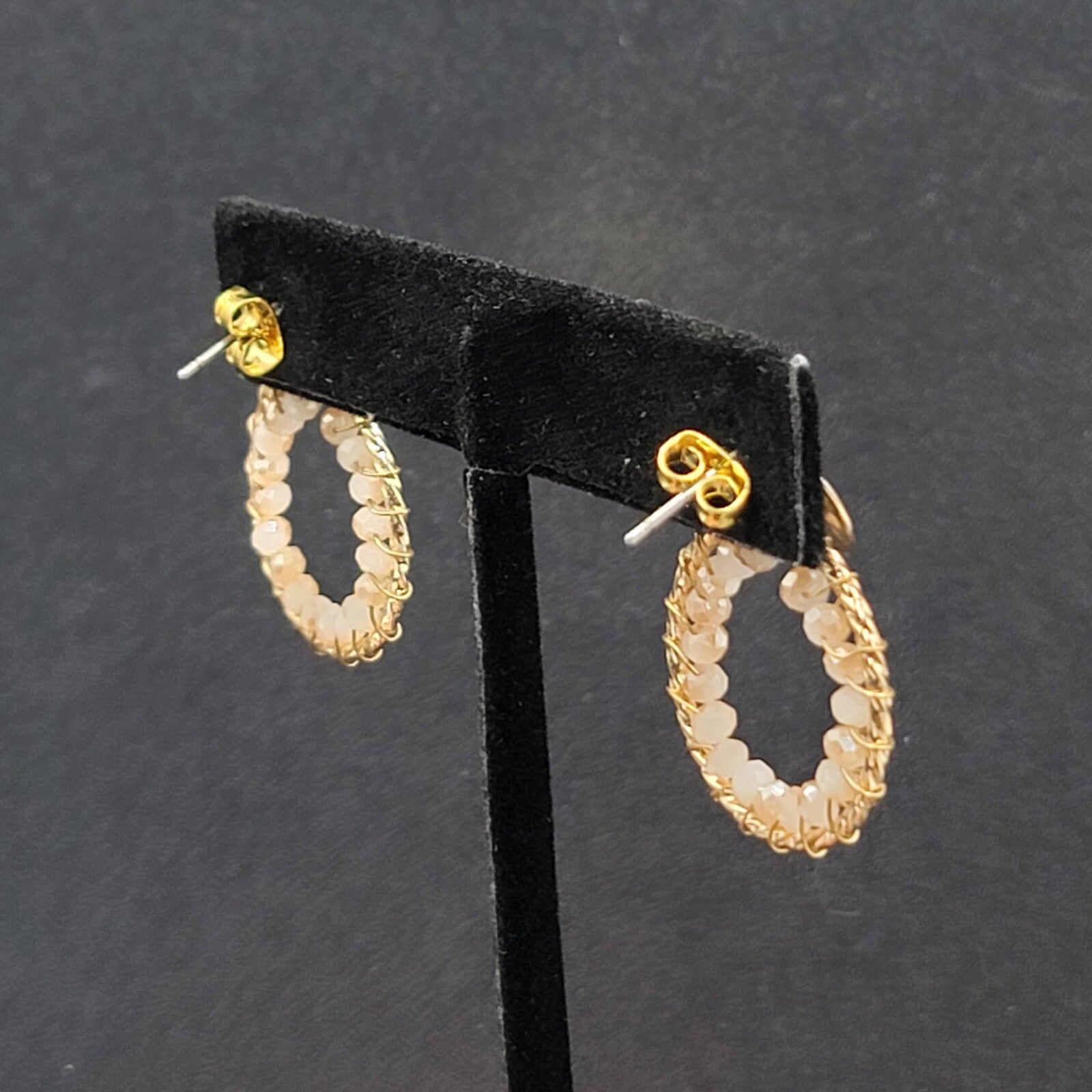 Pierced Earrings Gold tone Quartz Bead Hoops Drop 1"
