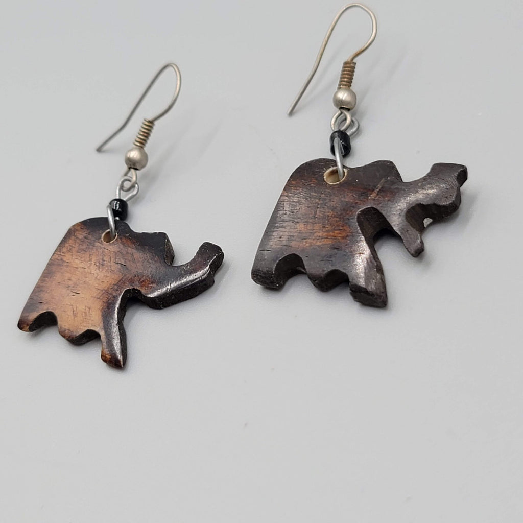 Vintage Elephant Pierced Earrings Hand Carved Wood Dangle Silver tone Hooks 1"