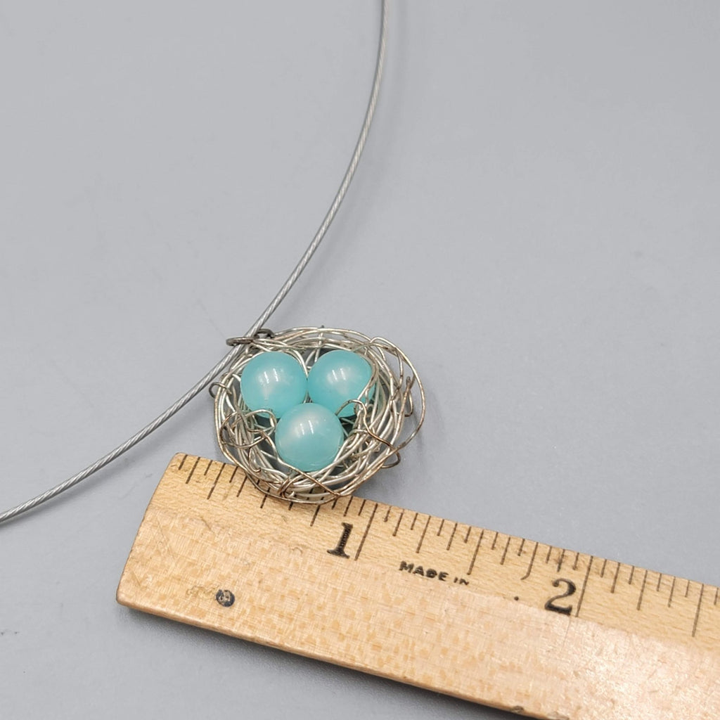 Birds Nest Pendant Necklace Blue Moonglow Beads Silver tone Wire 18"