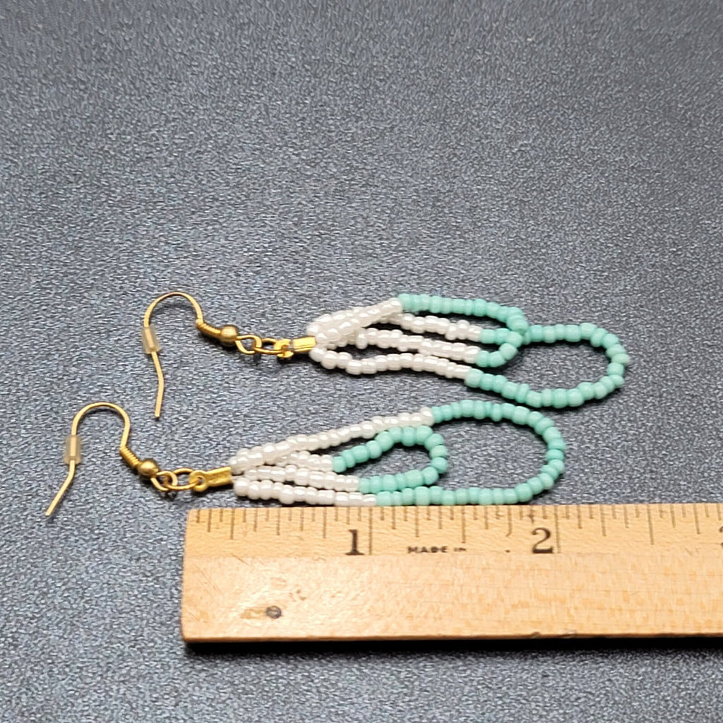 Pierced Earrings White Mint Green Seed Bead Dangle Loops 2.25"