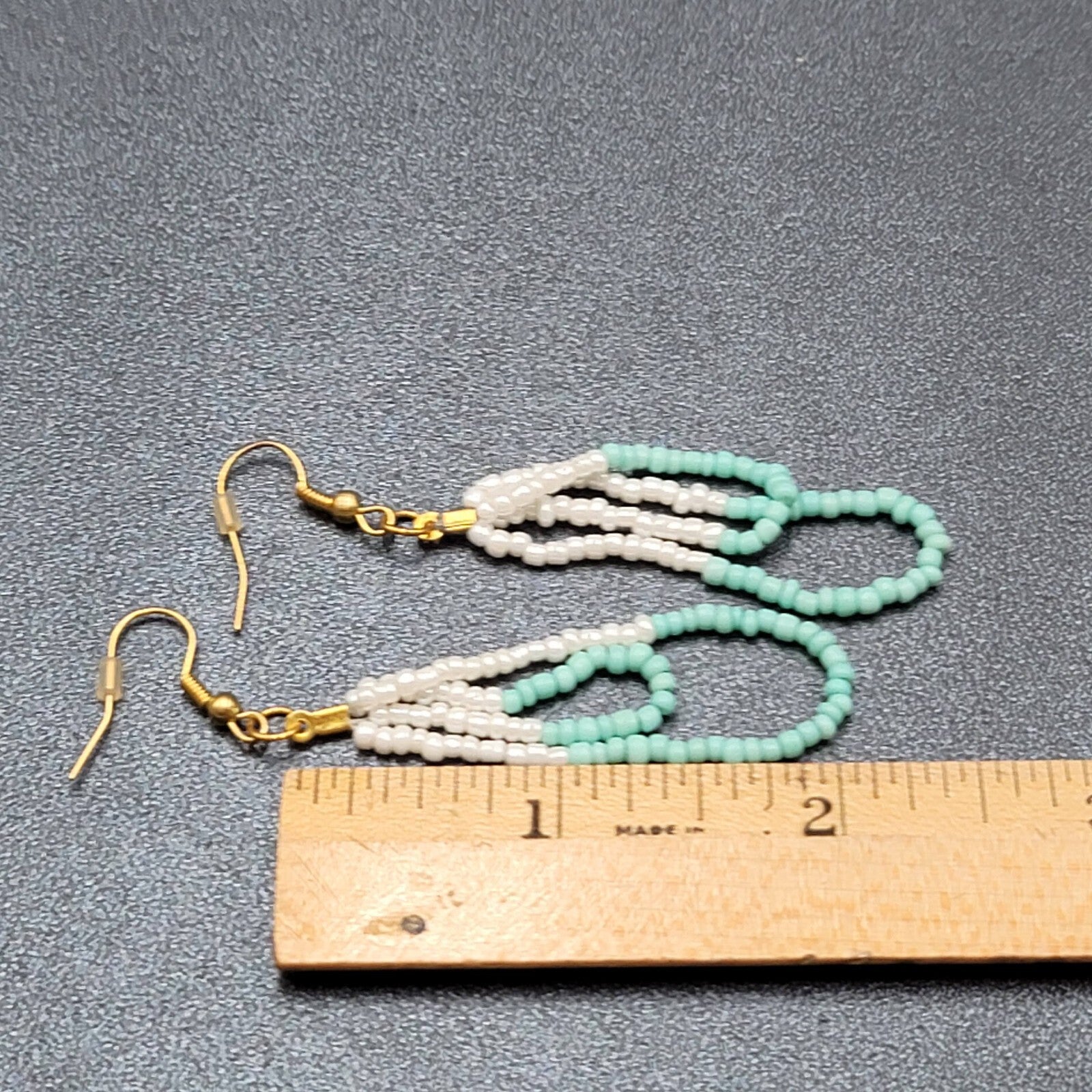 Pierced Earrings White Mint Green Seed Bead Dangle Loops 2.25"