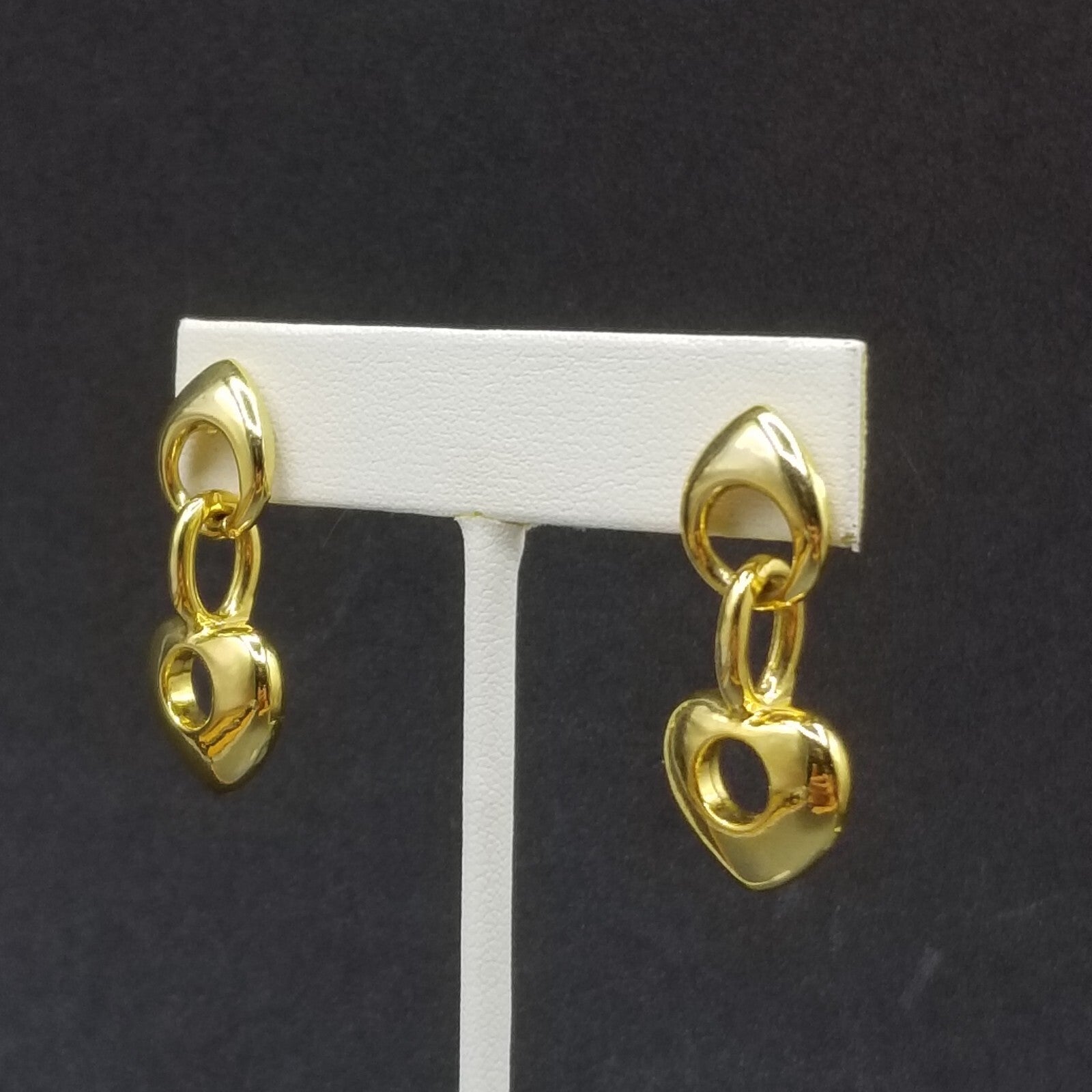 Pierced Earrings Gold tone Chain Heart Statement Dangle 1 1/4"
