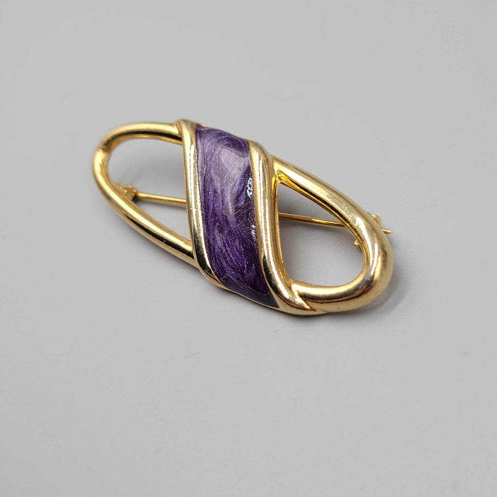 Vintage Purple Enamel Gold-Tone Brooch Open Oval Design 2.5"