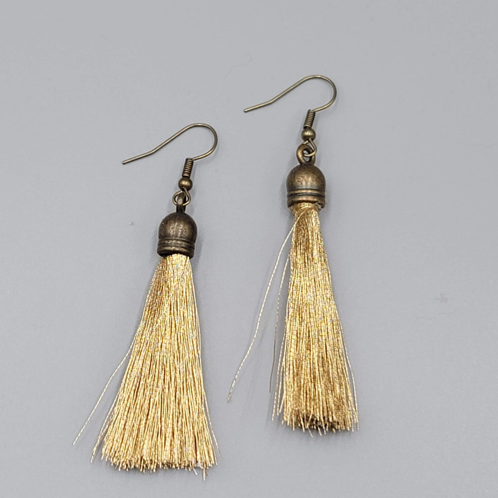 Tassel Pierced Earrings Bronze tone Gold Thread Dangle 2"