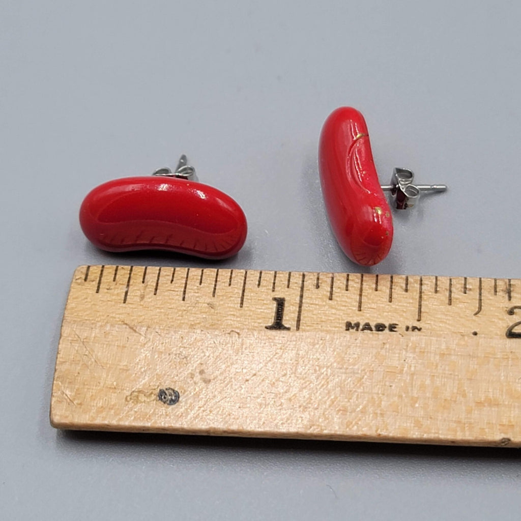 Vintage Red Enamel Pierced Earrings Kidney Shape Drop 3/4"