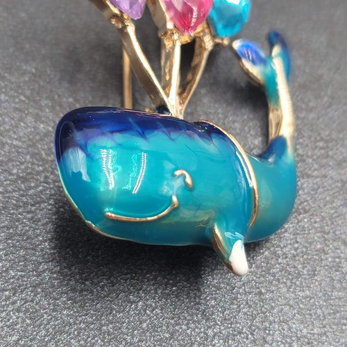 Crystal Rhinestone Whale Brooch Blue Enamel Multi Color Balloons 1 7/8"