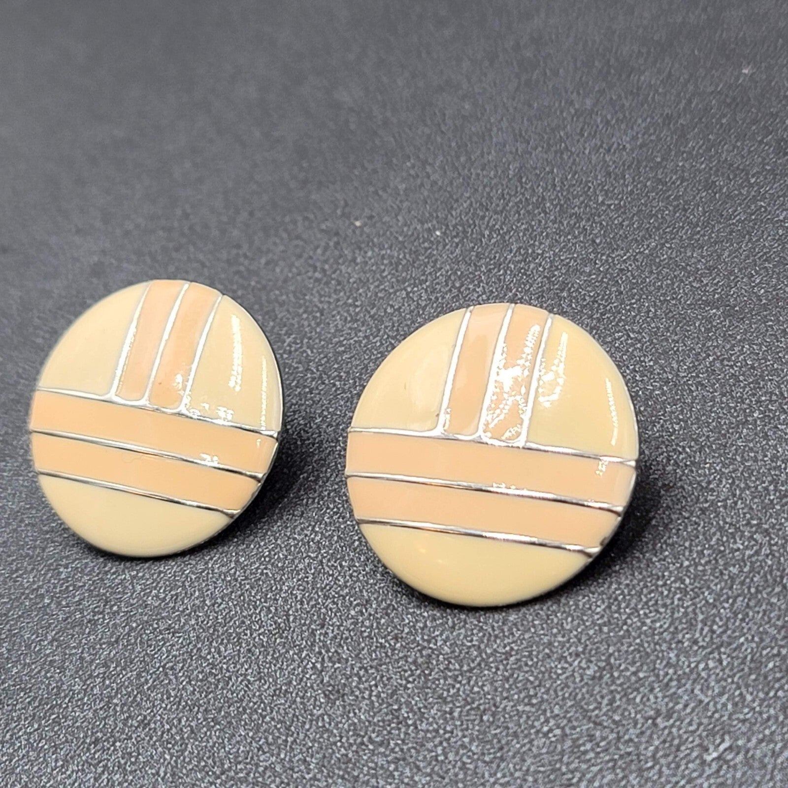 Vintage Pierced Earrings Round Silver tone Peach Tan Enamel 1"