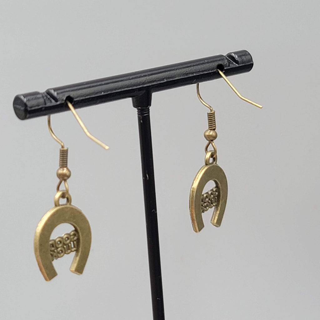 Good Luck Horseshoe Pierced Earrings Bronze tone Dangle NEW 3/4"