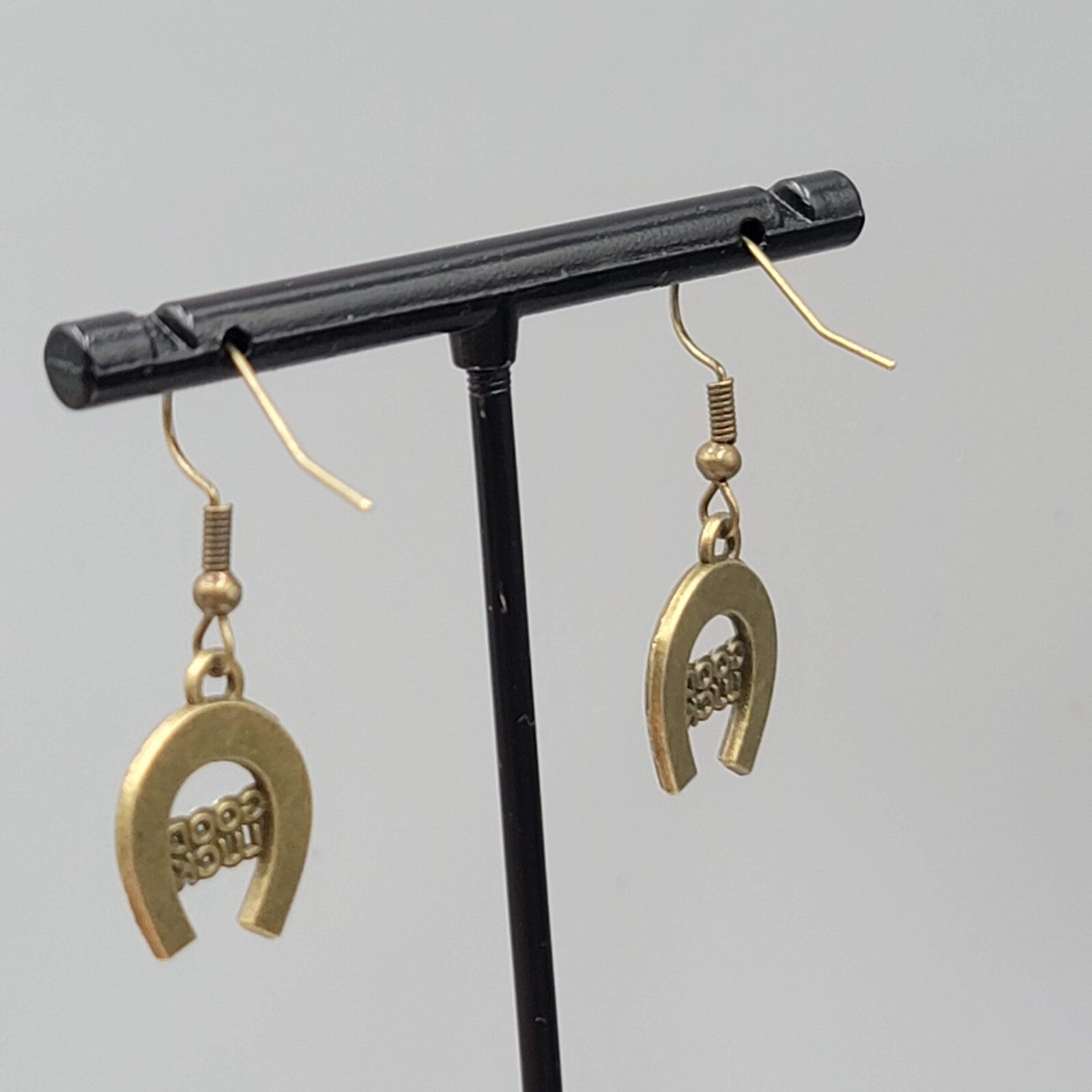 Good Luck Horseshoe Pierced Earrings Bronze tone Dangle NEW 3/4"