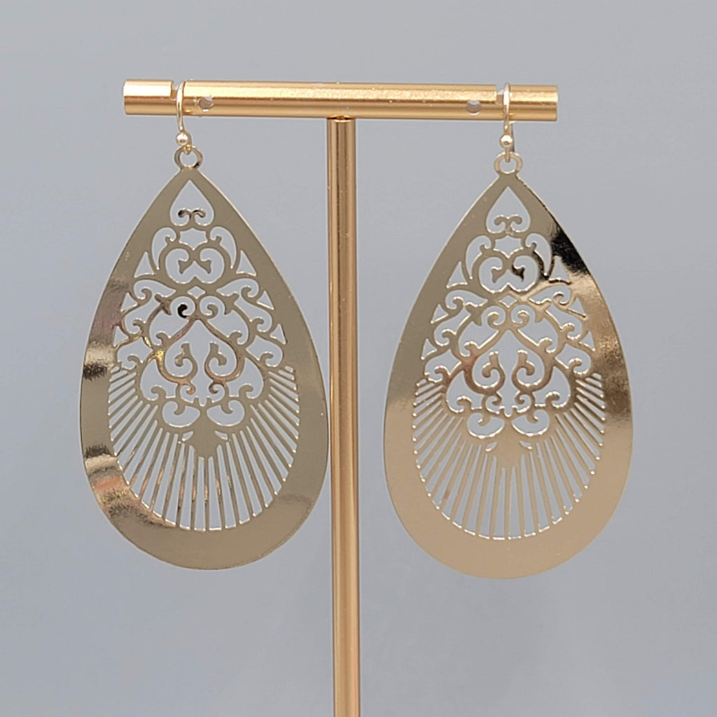 Large Gold tone Teardrop Pierced Earrings Open Work Dangle Thin 2.5"