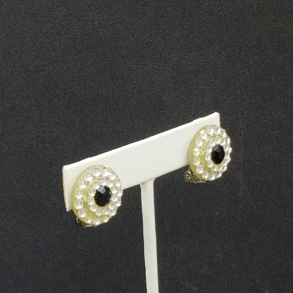 Vintage Clip on Earrings Black Crystal Button Style Stud 3/4"