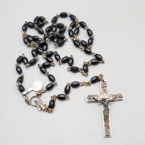 Catholic Rosary Crucifix Black Plastic Beads Silver tone Made in Italy