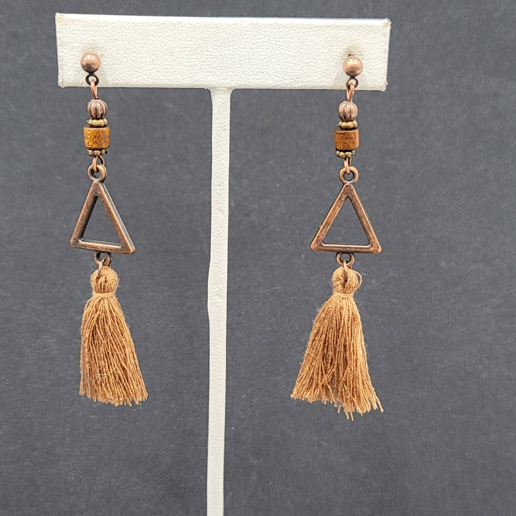 Tassel Pierced Earrings Bronze tone Wood Triangle Dangle 2.75"