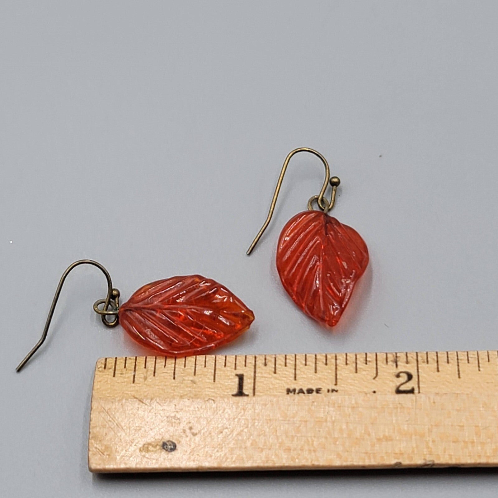 Orange Glass Leaf Pierced Earrings Bronze tone Dangle 1"