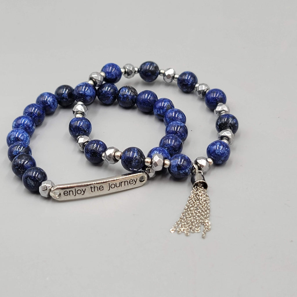 ENJOY The Journey Quote Bracelet Blue Beads Silver tone Lot of 2 Elastic