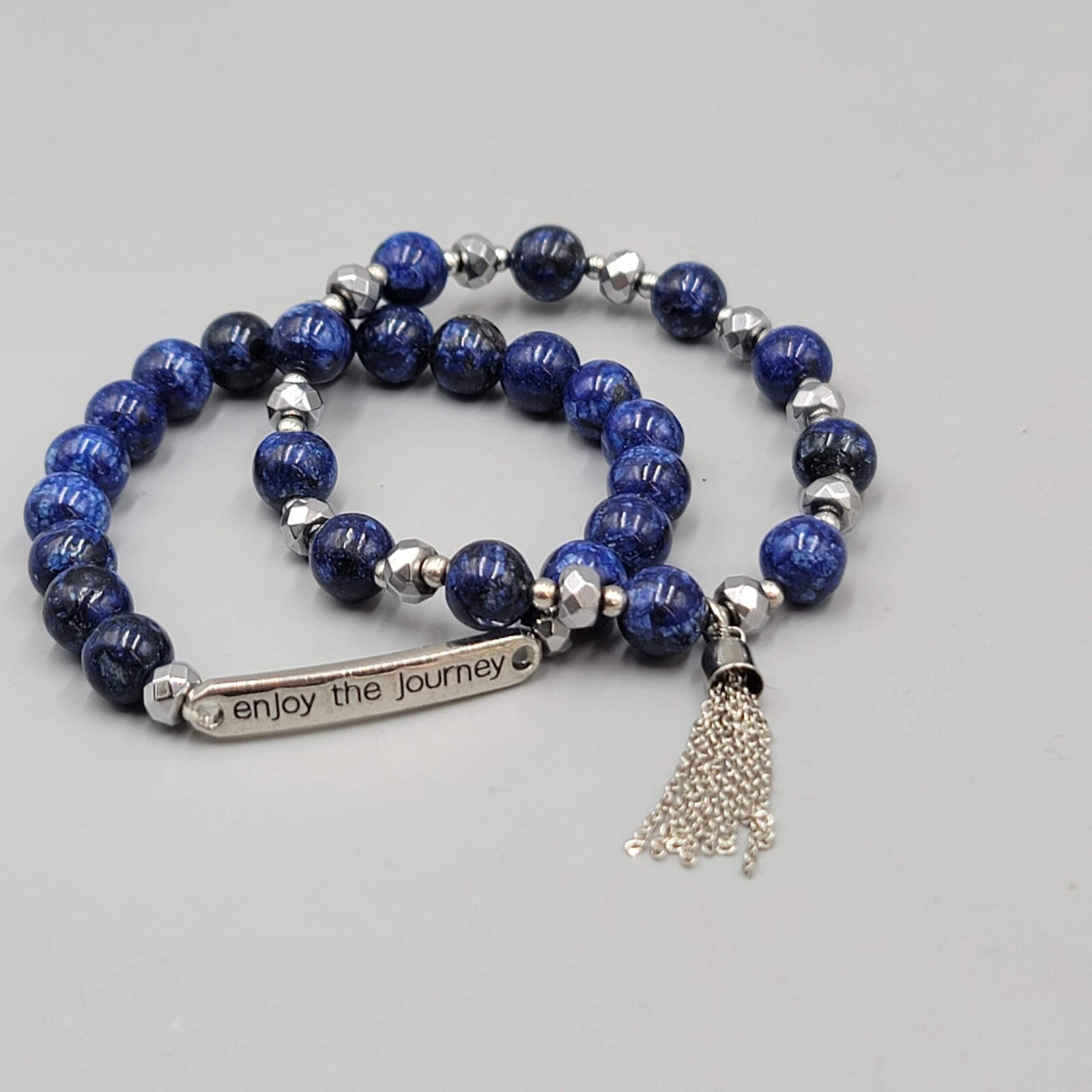 ENJOY The Journey Quote Bracelet Blue Beads Silver tone Lot of 2 Elastic