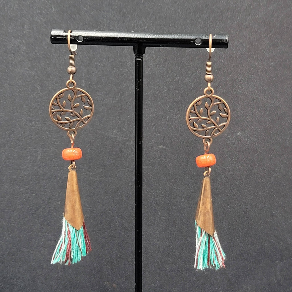 New Boho Pierced Earrings Copper tone Blue Tassel Red Bead Dangle 2.75"