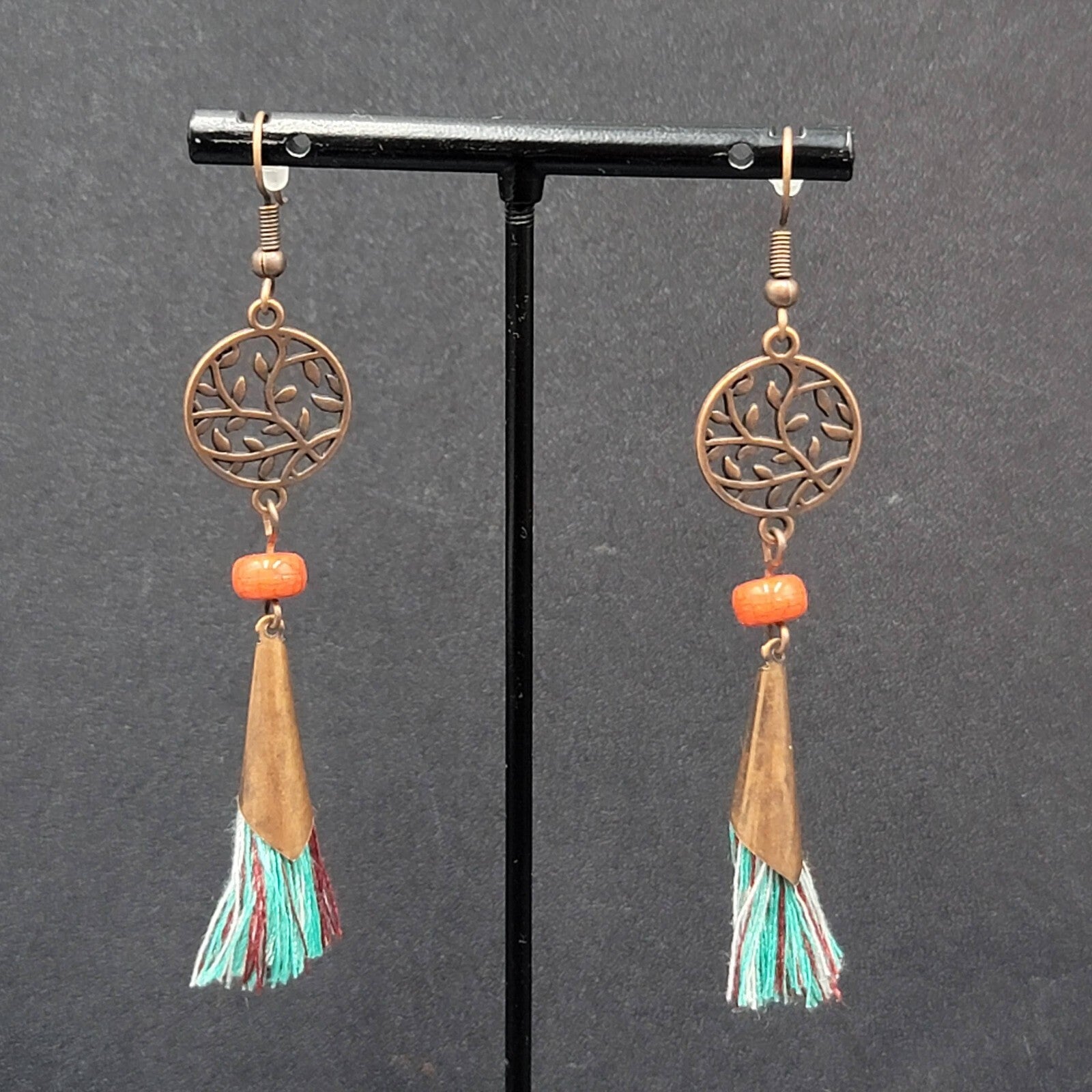 New Boho Pierced Earrings Copper tone Blue Tassel Red Bead Dangle 2.75"