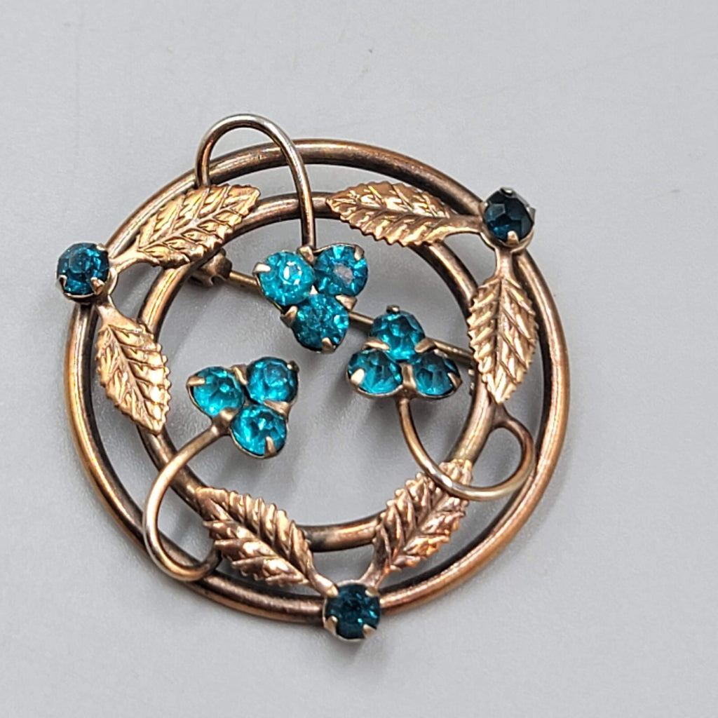 Vintage Blue Rhinestone Brooch Leaves Flowers 1.5"