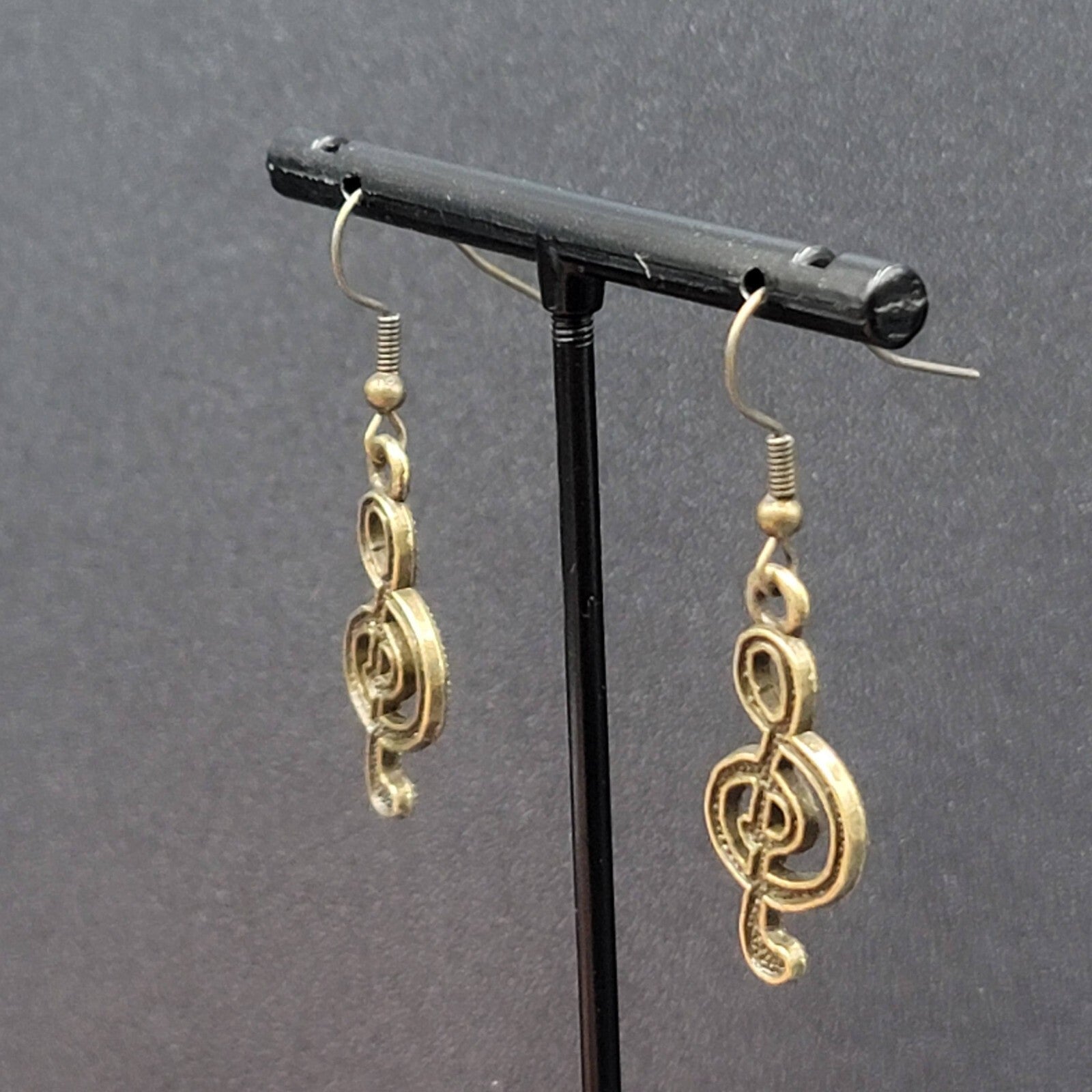 New Treble Clef Pierced Earrings Music Bronze tone Dangle 1"