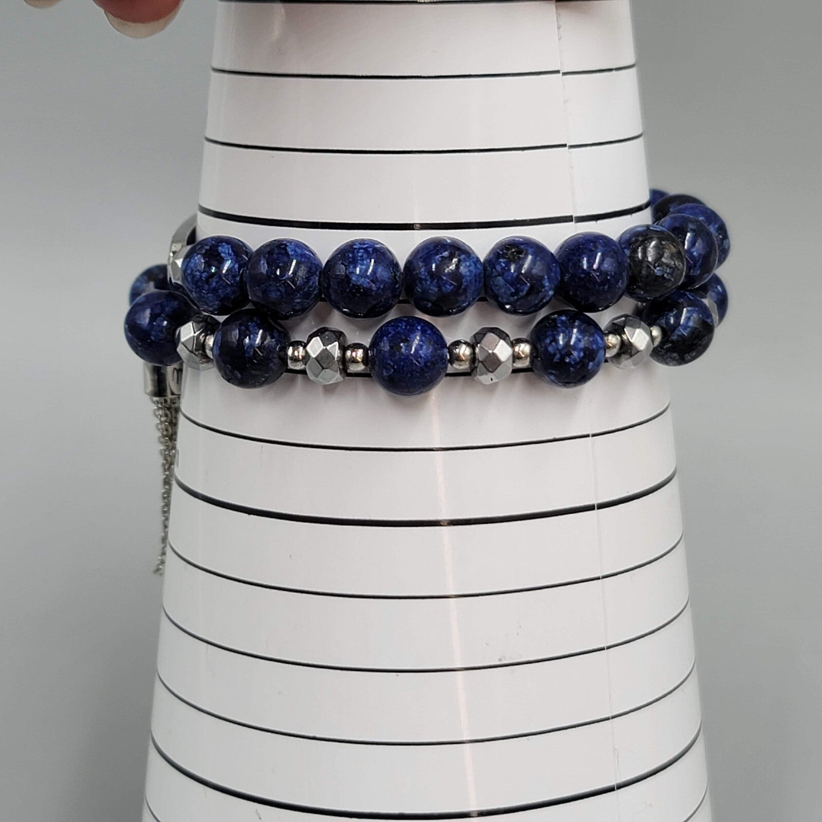 ENJOY The Journey Quote Bracelet Blue Beads Silver tone Lot of 2 Elastic