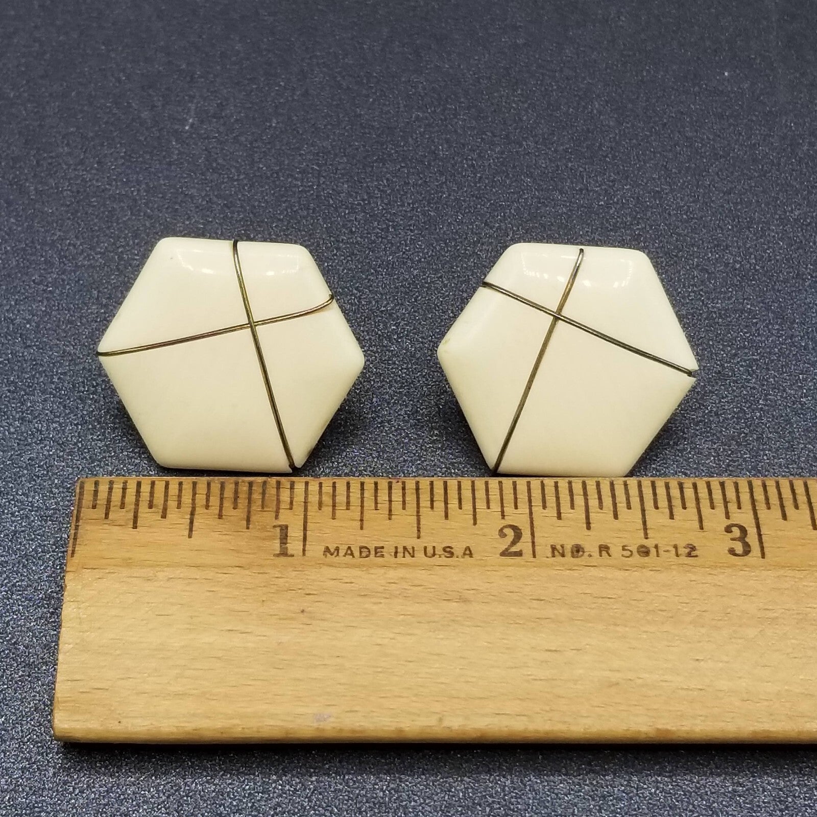 Vintage 1980's Pierced Earrings Cream Acrylic with Gold Line Hexagon Stud 1 1/4"