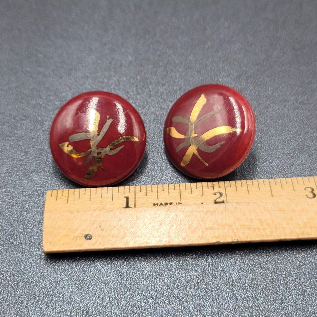 Vintage Pierced Earrings Red Hand Painted Round Pottery Drop  1"