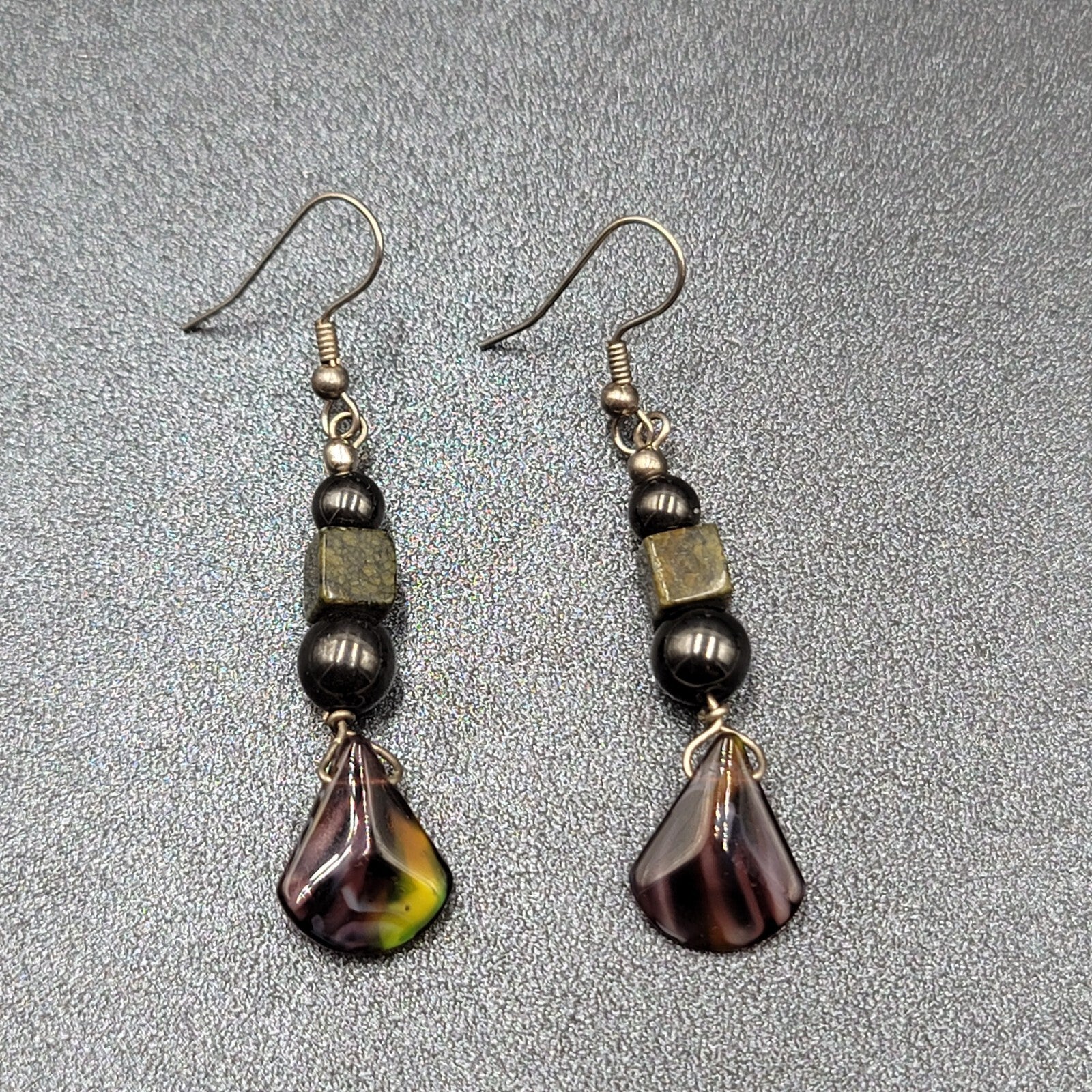 Vintage Pierced Earrings Magnetic Hematite Green Stone Beaded Dangle 1.75"