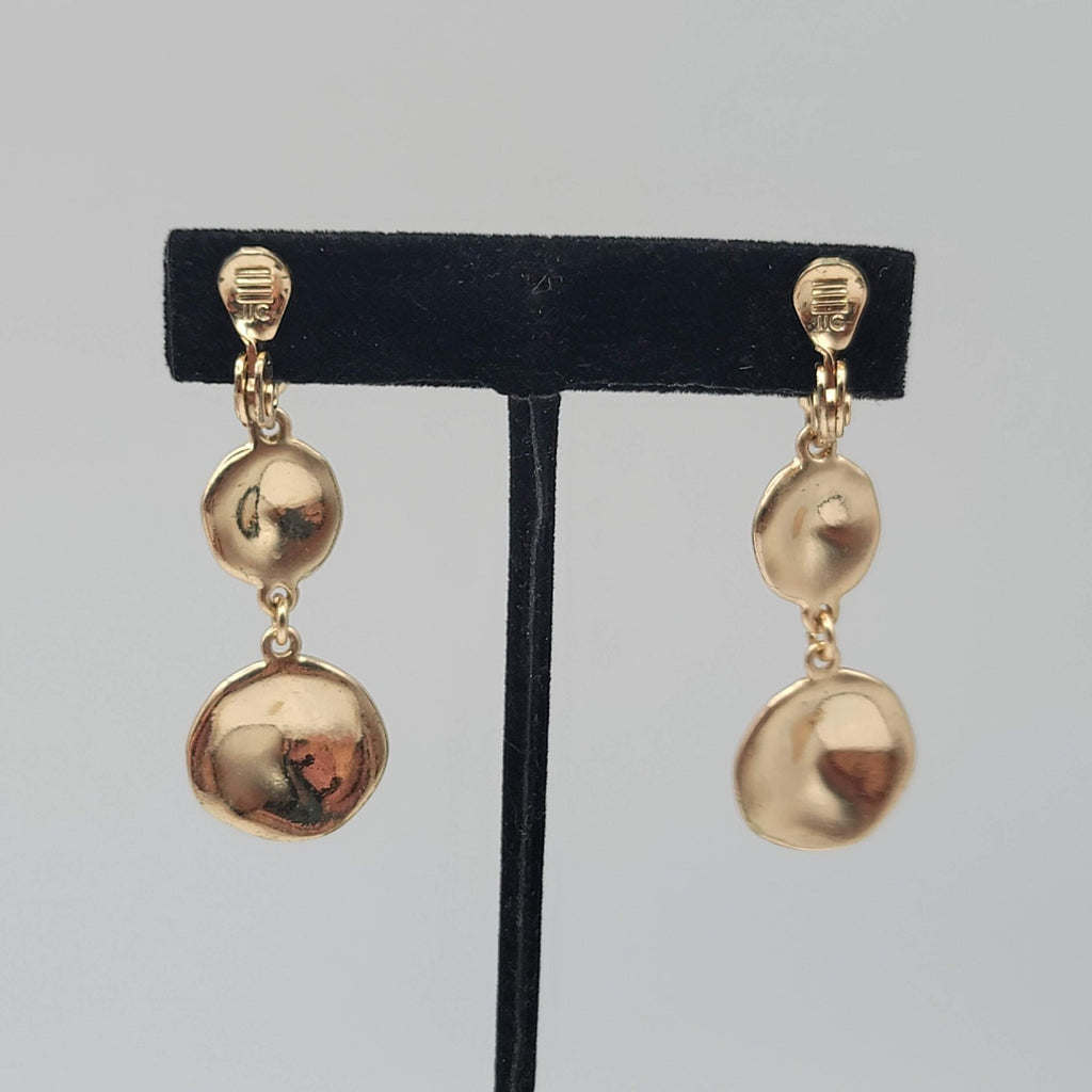 Vintage Triple Round Clip on Earrings Gold tone Dangle Signed 2.25 in