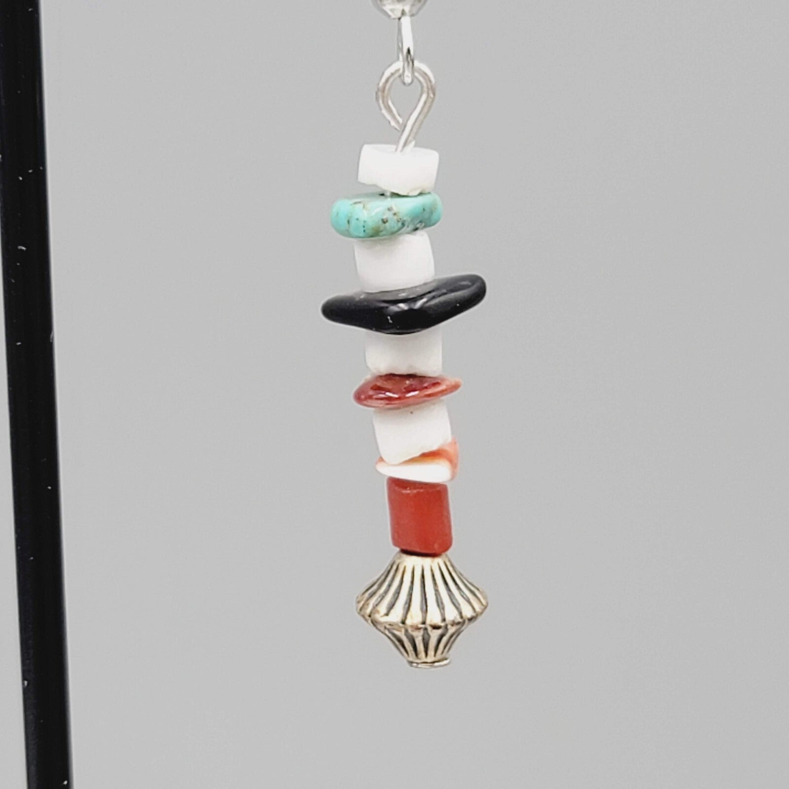 Pierced Earrings Multi Stone Boho Dangle Silver tone 1.25"