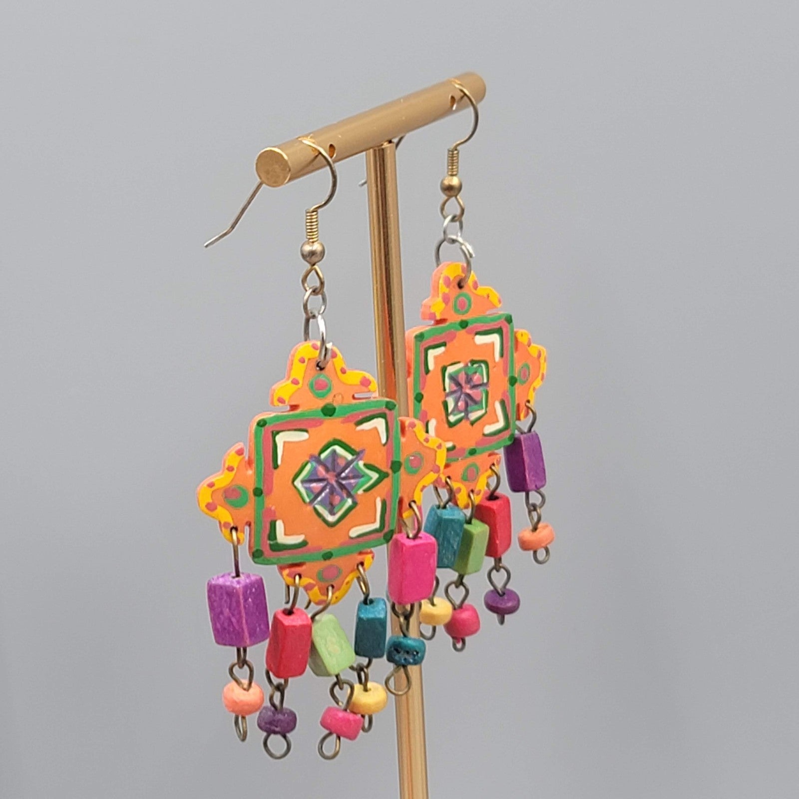 Vintage Multicolor Statement Pierced Earrings Wood Bead Hand Painted 2.5 in