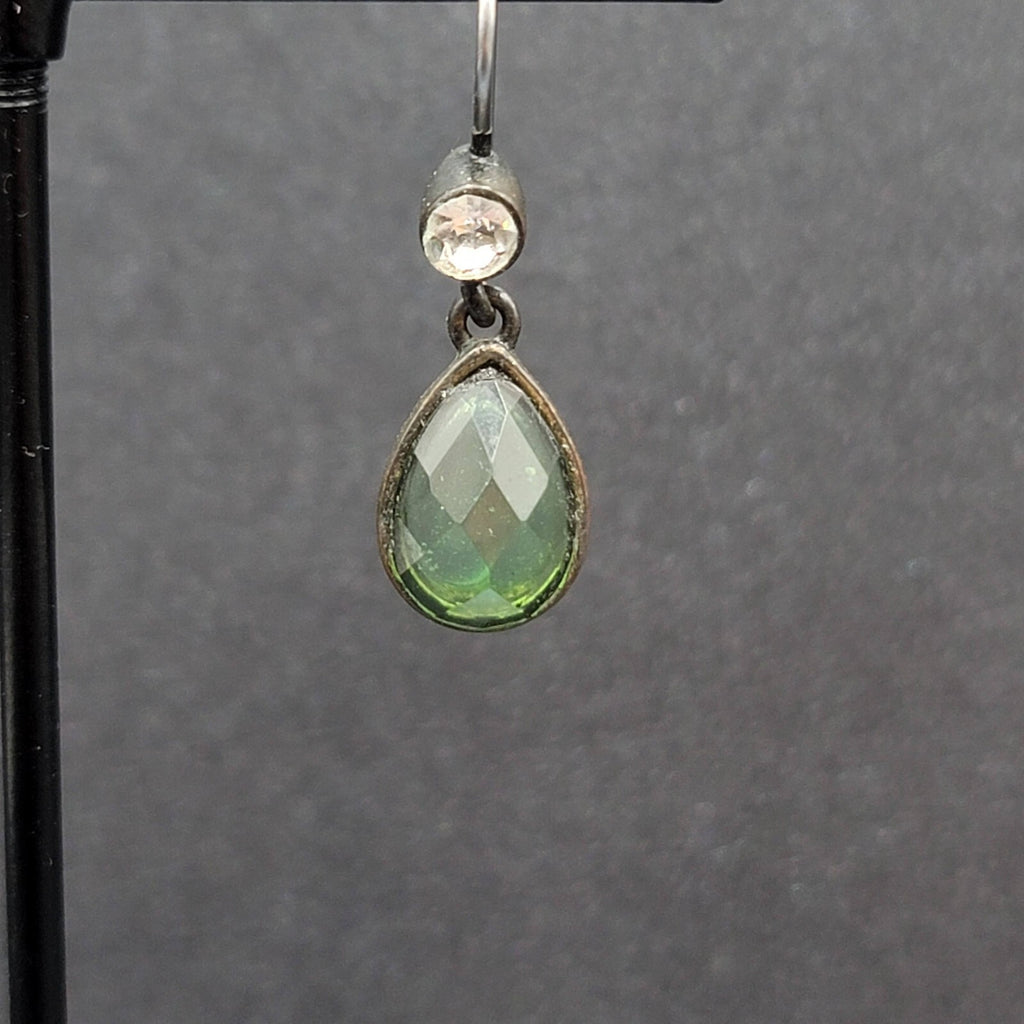 Pierced Earrings Bronze tone Green Faceted Teardrop Stone 3/4"