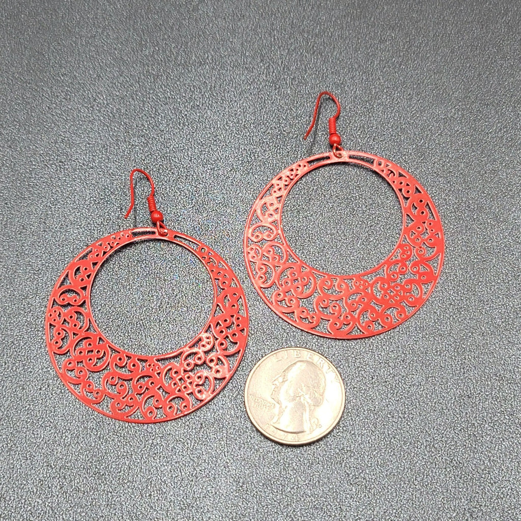 Pierced Earrings Red Enamel Filagree Statement Hoops 2"