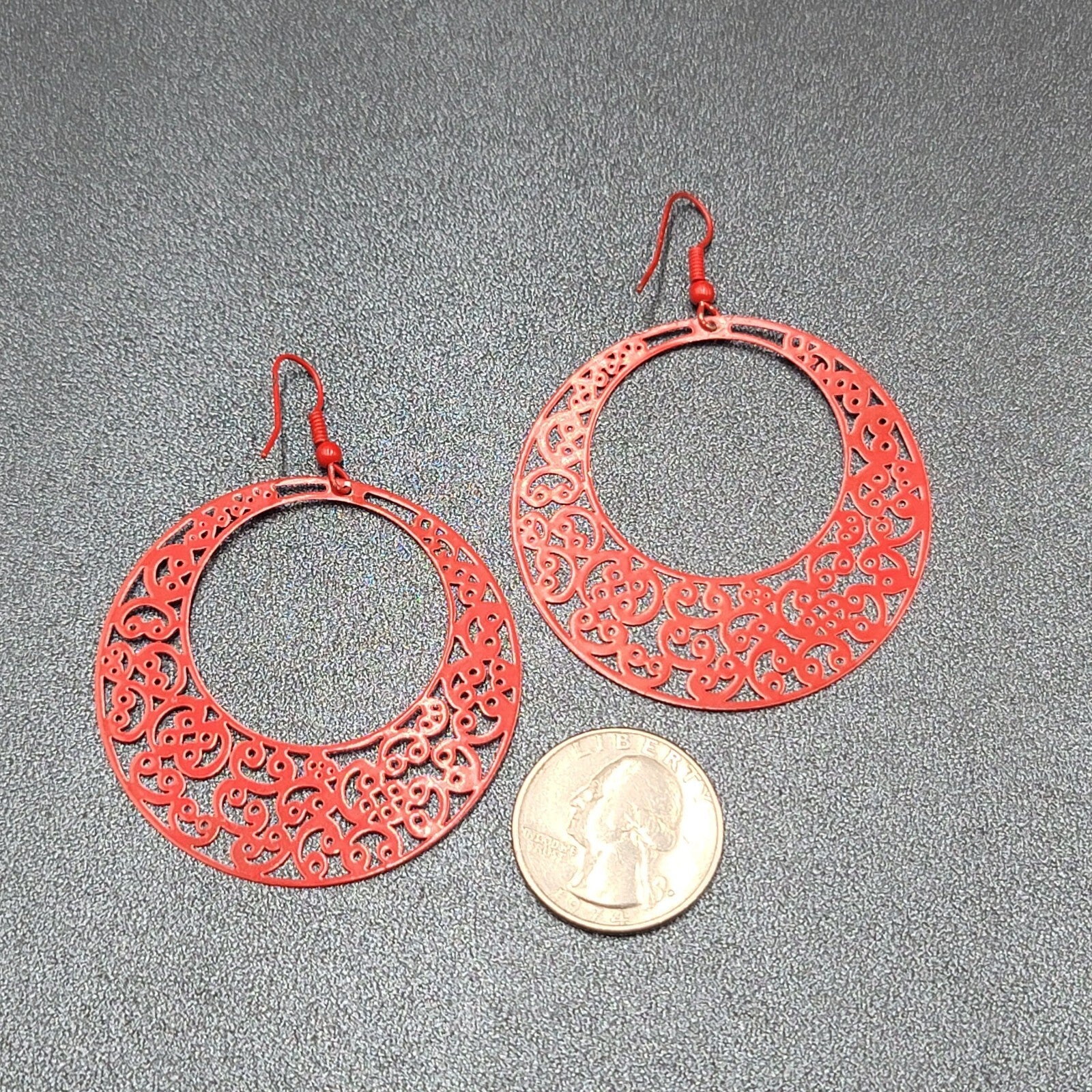 Pierced Earrings Red Enamel Filagree Statement Hoops 2"