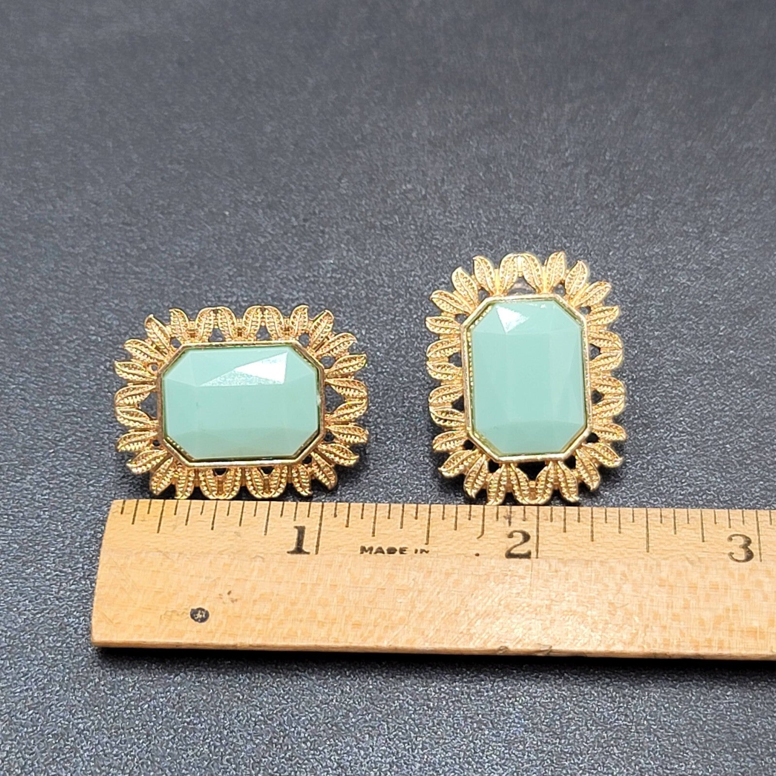 Pierced Earrings Gold tone Light Green Acrylic Rectangle Drop 1 1/8"
